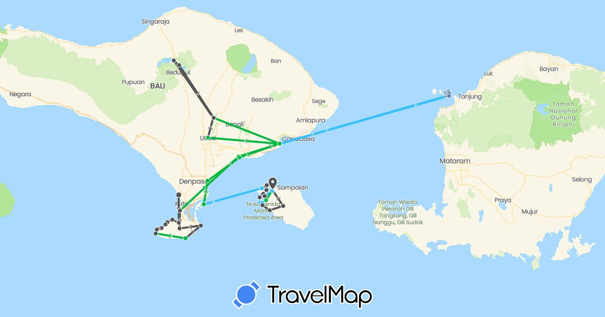 TravelMap itinerary: driving, bus, cycling, boat, motorbike in Indonesia (Asia)